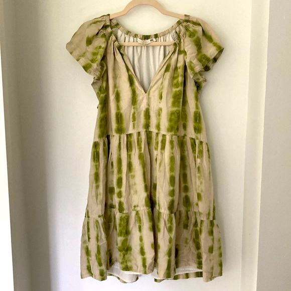 Kara dress by Marie Oliver, green and beige tie dye, silk / cotton blend size L - Picture 2 of 5
